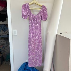 Faithfull the Brand Lavender Puff-Sleeve Maxi Dress with White Ditsy Print